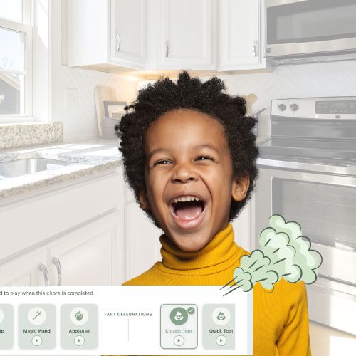 Kid laughing at celebration fart sounds in MyWins chore app