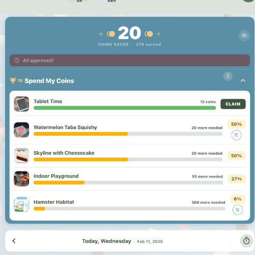 MyWins rewards screen showing gold coins earned and progress toward family rewards
