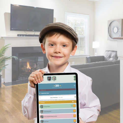 Boy proudly holding tablet showing his MyWins visual chore schedule